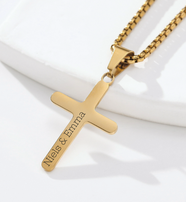KAYA sieraden Stalen herenketting Kruis met Gravure | Goud