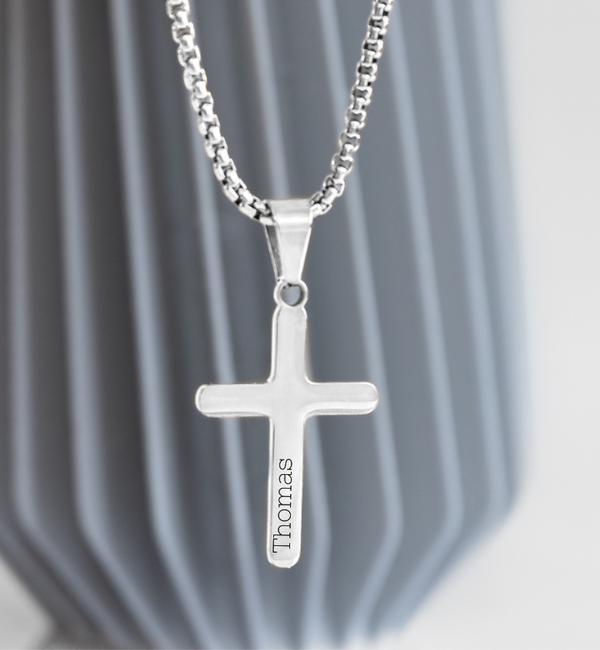 KAYA sieraden Stalen herenketting Kruis met Gravure  | Zilver