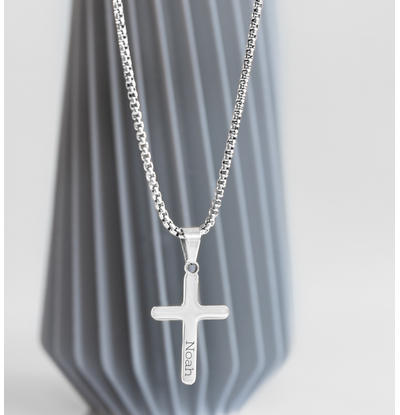 KAYA sieraden Stalen herenketting Kruis met Gravure  | Zilver