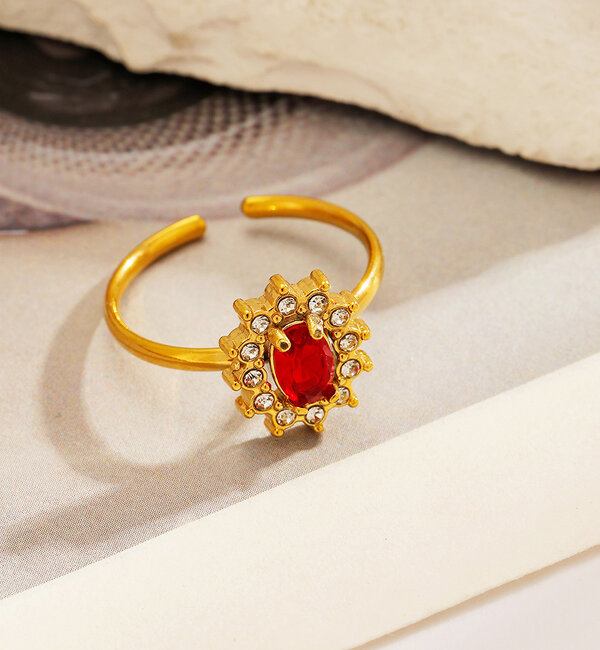 KAYA sieraden Verstelbare Ring Bloom met Kristallen | Rood