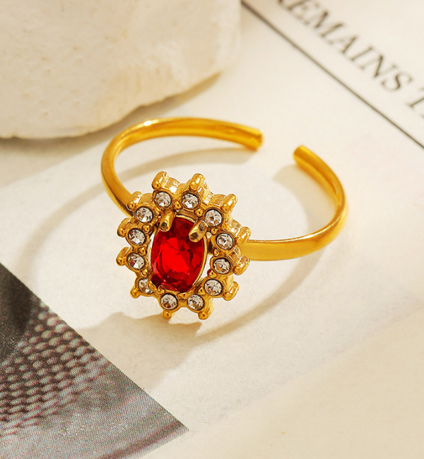 KAYA sieraden Verstelbare Ring Bloom met Kristallen | Rood