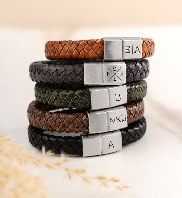 KAYA sieraden Heren Armband Leer met Initialen Edge  | Kies de kleur