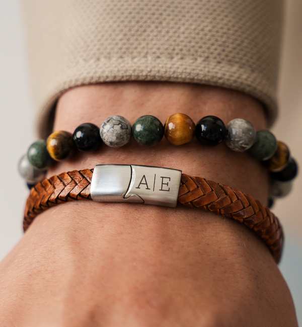 KAYA sieraden 2 delige Set: Edelstenen & Leren Armband met gravure