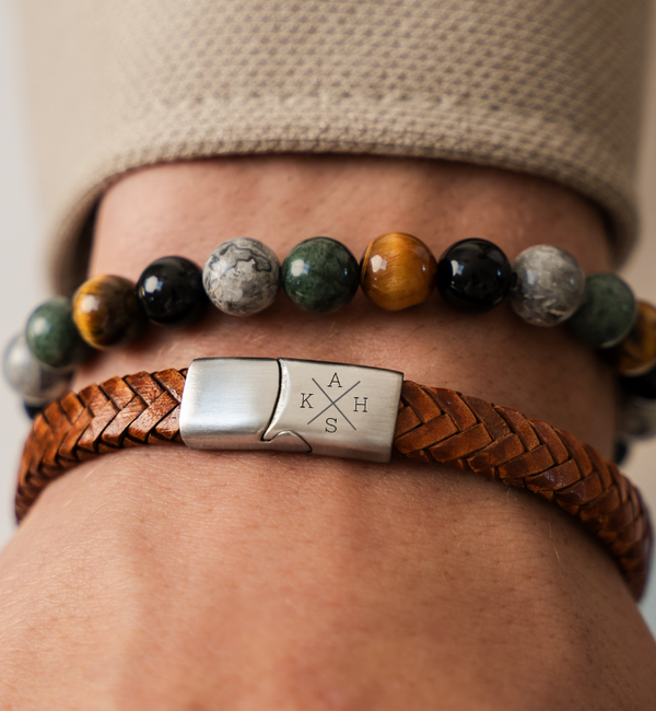 KAYA sieraden 2 delige Set: Edelstenen & Leren Armband met gravure