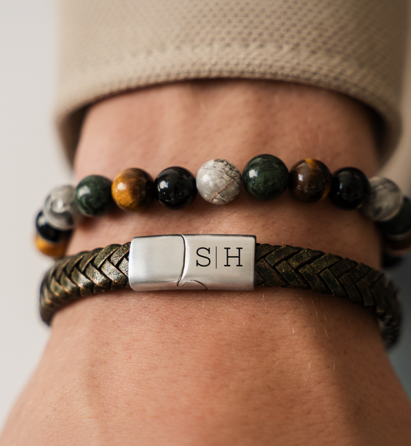 KAYA sieraden 2 delige Set: Edelstenen & Groene Leren Armband met gravure