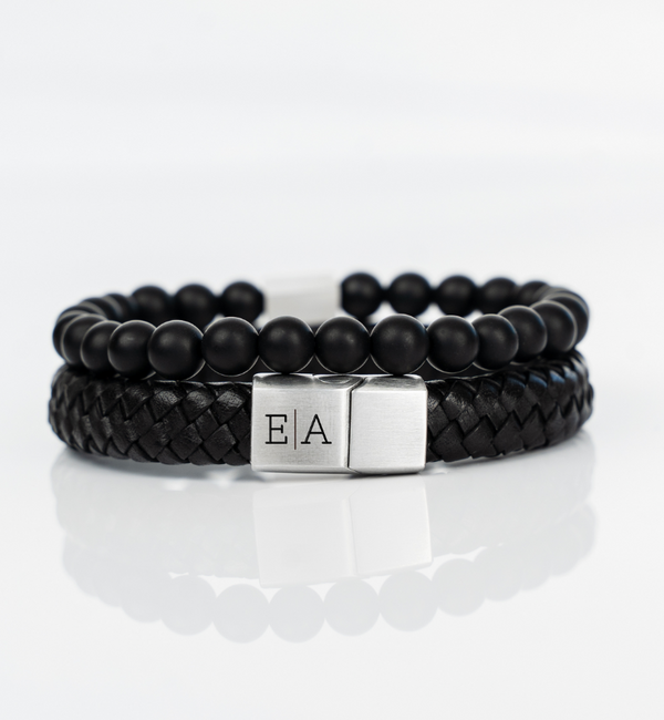 KAYA sieraden 2 delige Set: Edelstenen & Zwart Leren Armband 11 mm