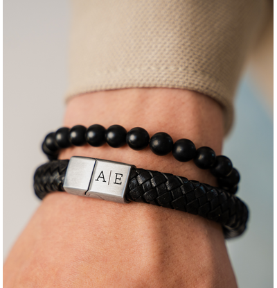 KAYA sieraden 2 delige Set: Edelstenen & Zwart Leren Armband 11 mm