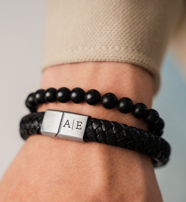 KAYA sieraden 2 delige Set: Edelstenen & Zwart Leren Armband 11 mm