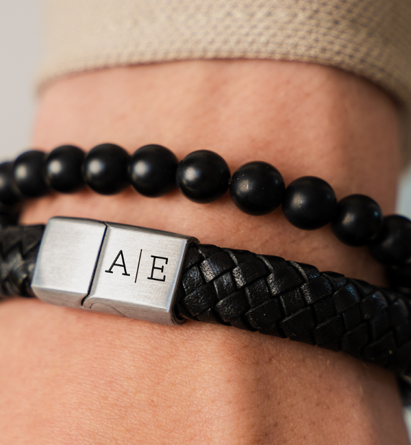 KAYA sieraden 2 delige Set: Edelstenen & Zwart Leren Armband 11 mm