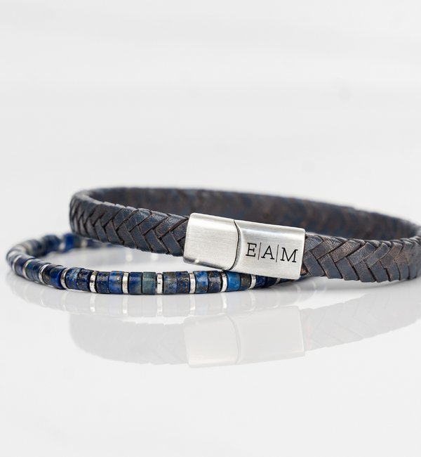 KAYA sieraden 2 delige set: Edelstenen & Blauwe leren armband met gravure