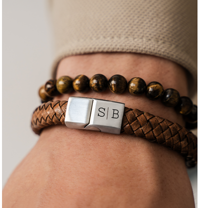 KAYA sieraden 2-Piece Set: Tiger Eye Beads & Leather Bracelet