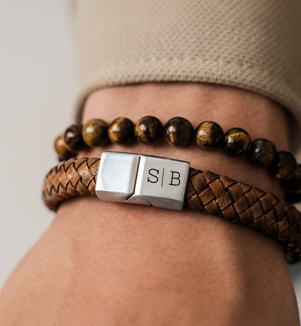 KAYA sieraden 2-Piece Set: Tiger Eye Beads & Leather Bracelet