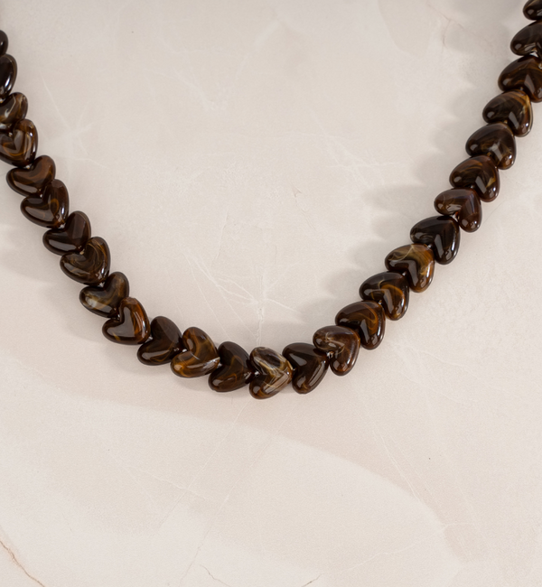 KAYA sieraden Bruine Ketting met Hartjes | Stainless steel
