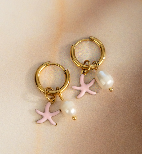 KAYA sieraden Oorringen met Zeester en Parel | Stainless Steel