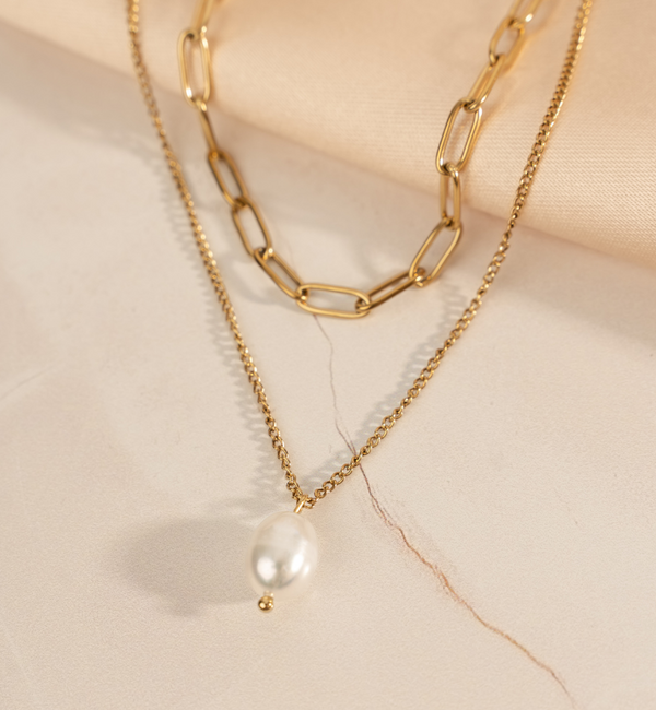 KAYA sieraden Dubbele Ketting met Parel I Stainless Steel