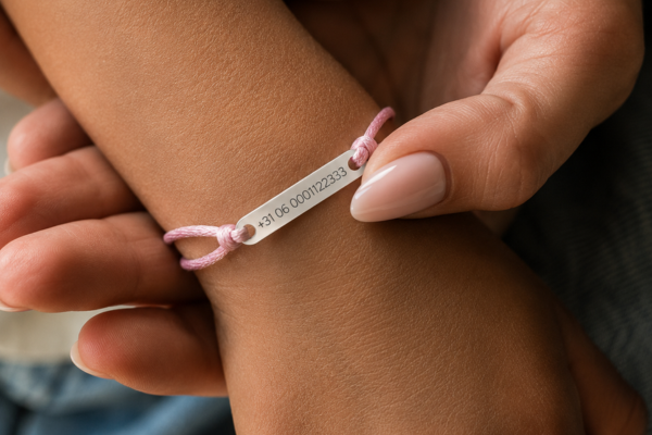 SOS armbandje met telefoonnummer roze koord