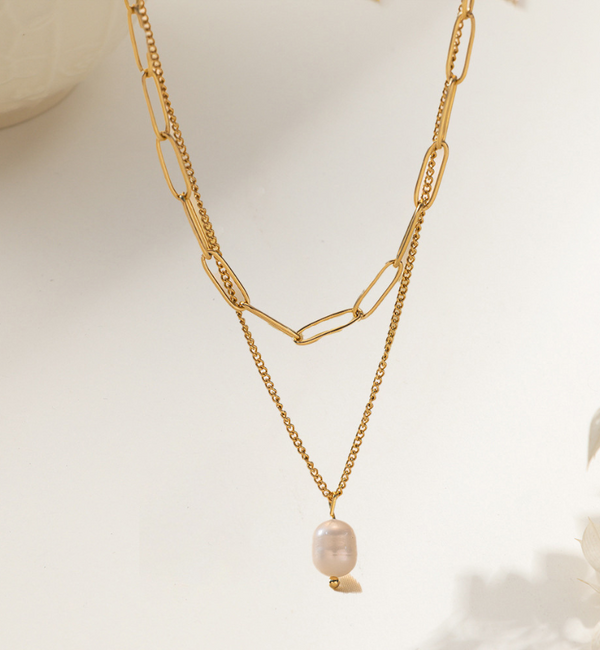 KAYA sieraden Dubbele Ketting met Parel I Stainless Steel