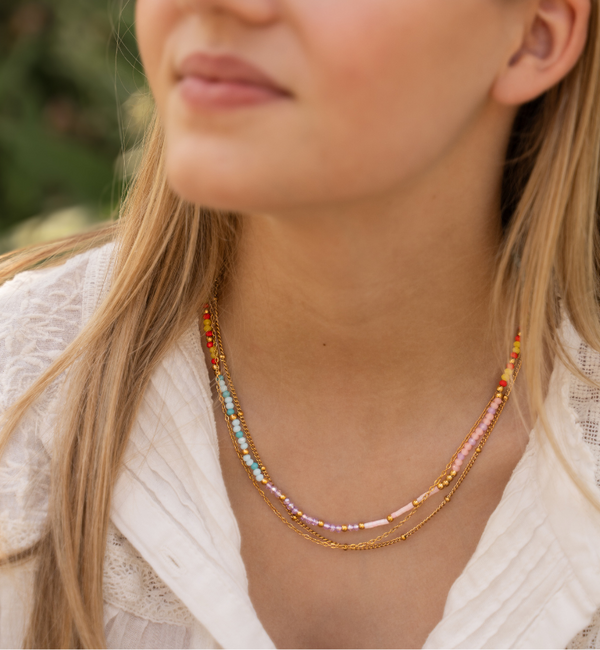 KAYA sieraden Dubbele Mulitkleur Kralen Ketting | Stainless steel