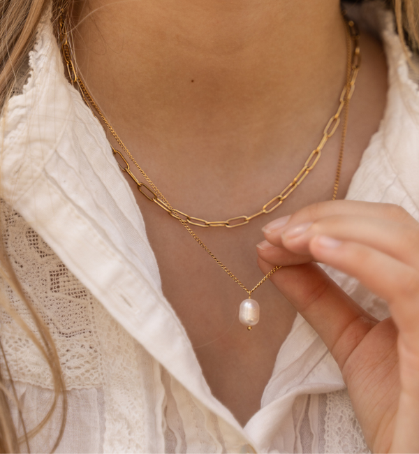 KAYA sieraden Dubbele Ketting met Parel I Stainless Steel