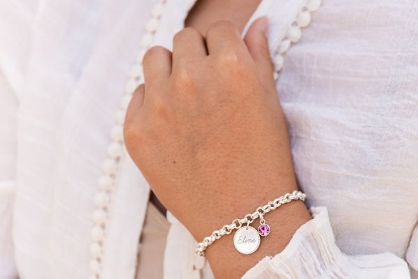 Jasseron armband met beaded disc naam en geboortesteen