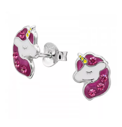 KAYA sieraden Kinderoorbellen Unicorn met Roze Kristallen