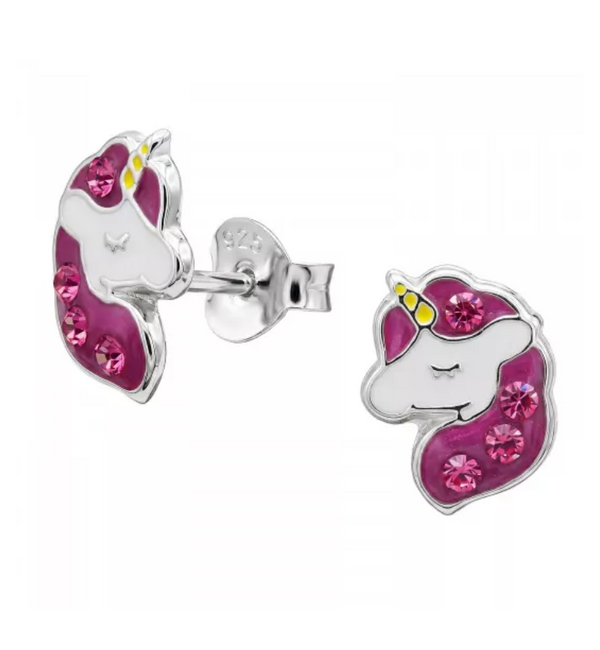 KAYA sieraden Kinderoorbellen Unicorn met Roze Kristallen