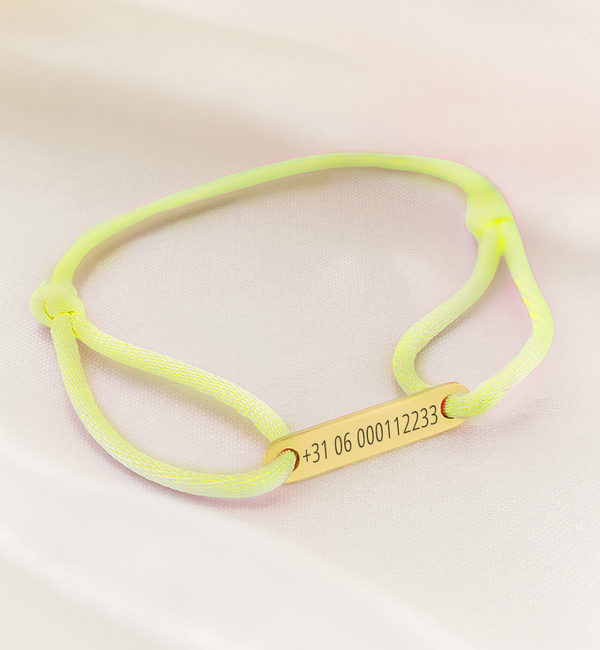 KAYA sieraden S.O.S. Kinderarmbandje met Telefoonnummer | Neon Geel | Stainless Steel