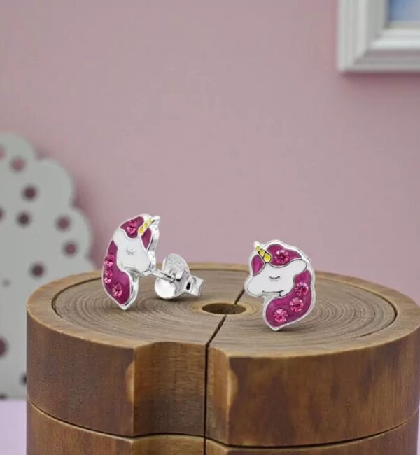 KAYA sieraden Kinderoorbellen Unicorn met Roze Kristallen
