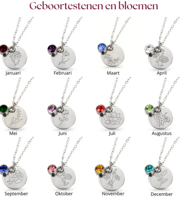KAYA sieraden Geboortesteen- en  Bloem Ketting | Stainless Steel