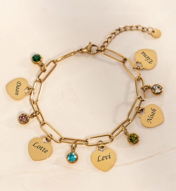 KAYA sieraden Schakelarmband  met Namen en Geboortestenen | Hartjes | Stel Zelf Samen | Stainless Steel
