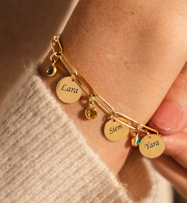 KAYA sieraden Schakelarmband  met Namen en Geboortestenen | Discs | Stel Zelf Samen | Stainless Steel