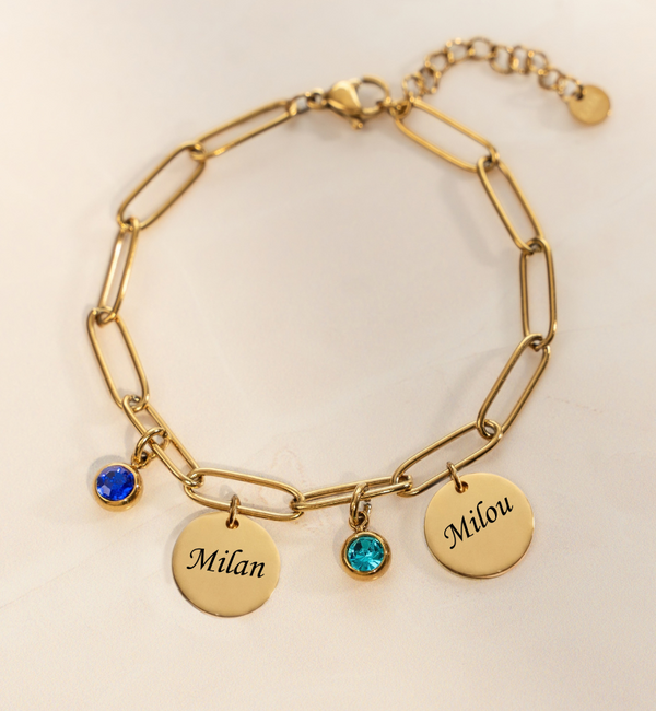 KAYA sieraden Link Bracelet with Names and Birthstones | Discs | Customize | Stainless Steel