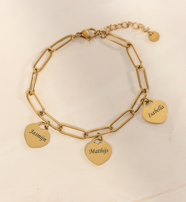 KAYA sieraden Schakelarmband  met Namen | 3 Hartjes | Stainless Steel