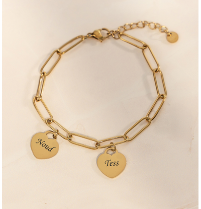 KAYA sieraden Schakelarmband met Namen | 2 Hartjes