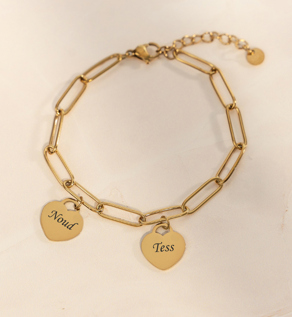 KAYA sieraden Schakelarmband  met Namen | 2 Hartjes  | Stainless Steel
