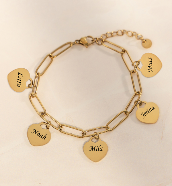 KAYA sieraden Link Bracelet with Names | 5 Hearts | Stainless Steel