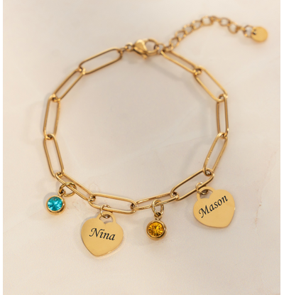 KAYA sieraden Schakelarmband met Namen en Geboortestenen | Hartjes | Stel Zelf Samen