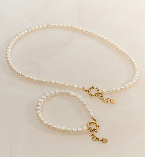 KAYA sieraden Set Pearl Necklace and Bracelet with Large Clasp | Stainless Steel