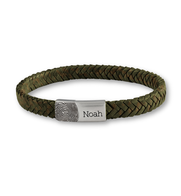 KAYA sieraden Gevlochten Jongens Armband Leer Heren met Vingerafdruk en Naam