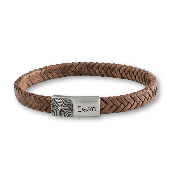 KAYA sieraden Gevlochten Jongens Armband Leer Heren met Vingerafdruk en Naam