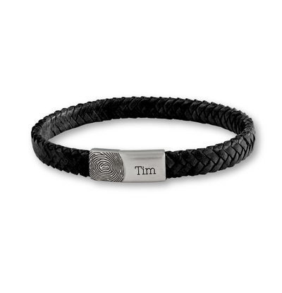 KAYA sieraden Gevlochten Jongens Armband Leer Heren met Vingerafdruk en Naam