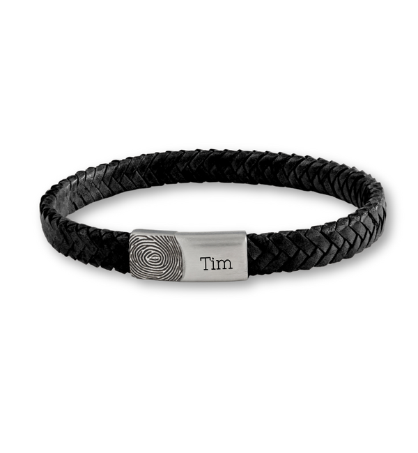 KAYA sieraden Gevlochten Jongens Armband Leer Heren met Vingerafdruk en Naam