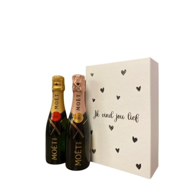 Moët & Chandon "Ik vind jou Lief" Piccolo 1x Rosé 20cl 1x Brut 20cl geschenkdoos