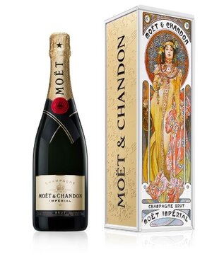 Moët & Chandon Brut 75cl Luxe metalen giftbox Alfons Mucha gele jurk