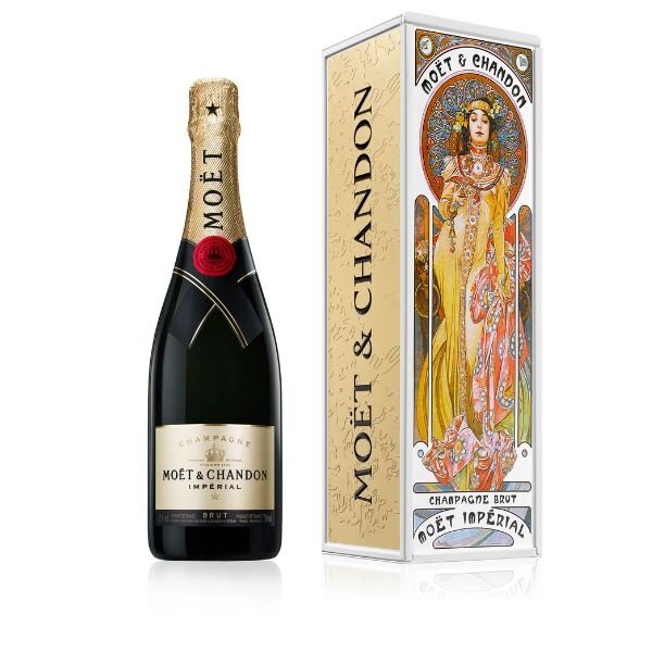 Moët & Chandon Brut 75cl Luxe metalen giftbox  Alfons Mucha (gele jurk)