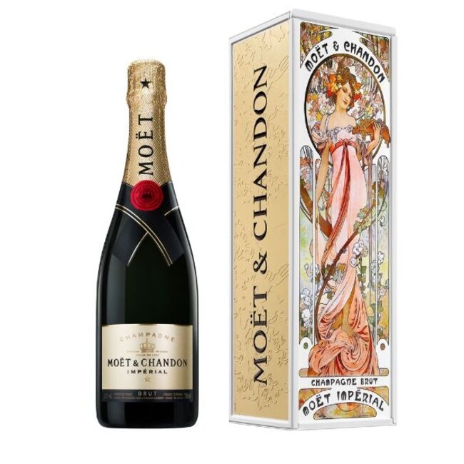 Moët & Chandon Brut 75cl Luxe metalen giftbox  Alfons Mucha (roze jurk)