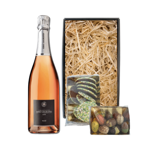 Eric Legrand Paaspakket Champagne Rosé 75cl met Luxe Paaschocolade  & Paasflikken