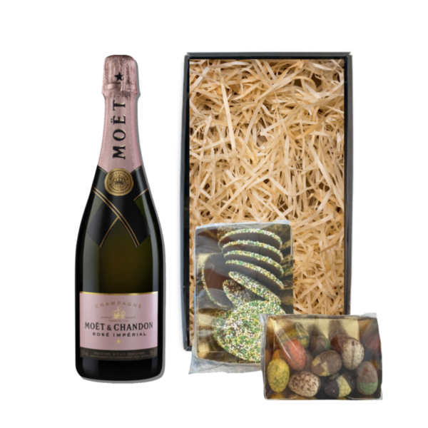 Moët & Chandon Paaspakket Champagne Rosé 75cl met Luxe Paaschocolade  & Paasflikken
