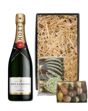 Moët & Chandon Paaspakket Champagne Brut 75cl met Luxe Paaschocolade  & Paasflikken