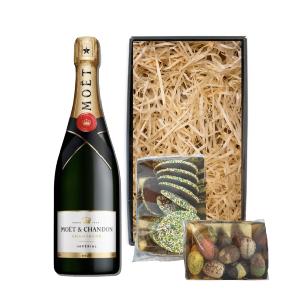 Moët & Chandon Paaspakket Champagne Brut 75cl met Luxe Paaschocolade  & Paasflikken -